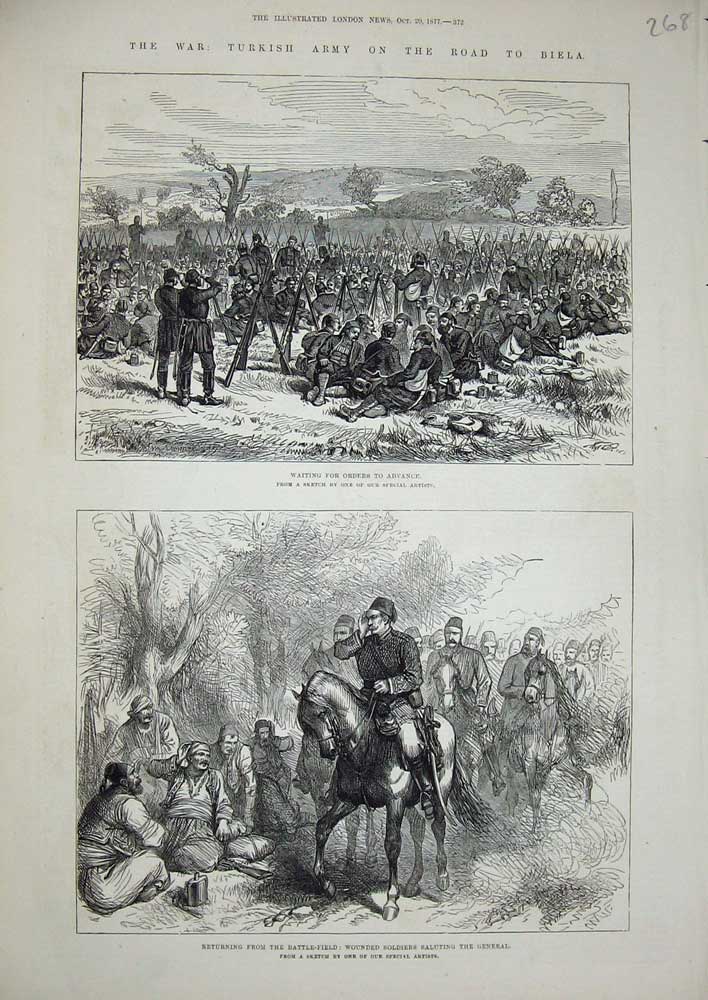 Original Old Antique Print 1877 Turkish Army War Wounded Siers General Camp
