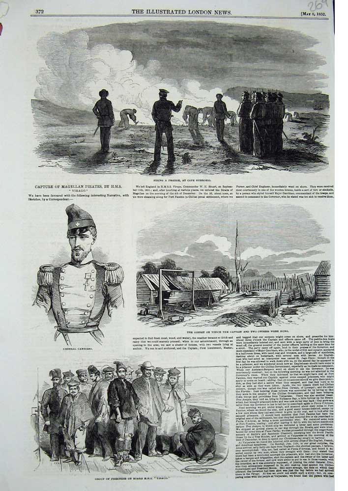 Original Old Antique Print 1852 Cape Gregorio General Cambiaso Ship Virago War