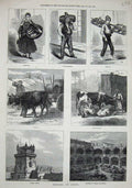 Original Old Antique Print 1873 Lisbon Portugal Monastery Belem Castle Ox-Cart