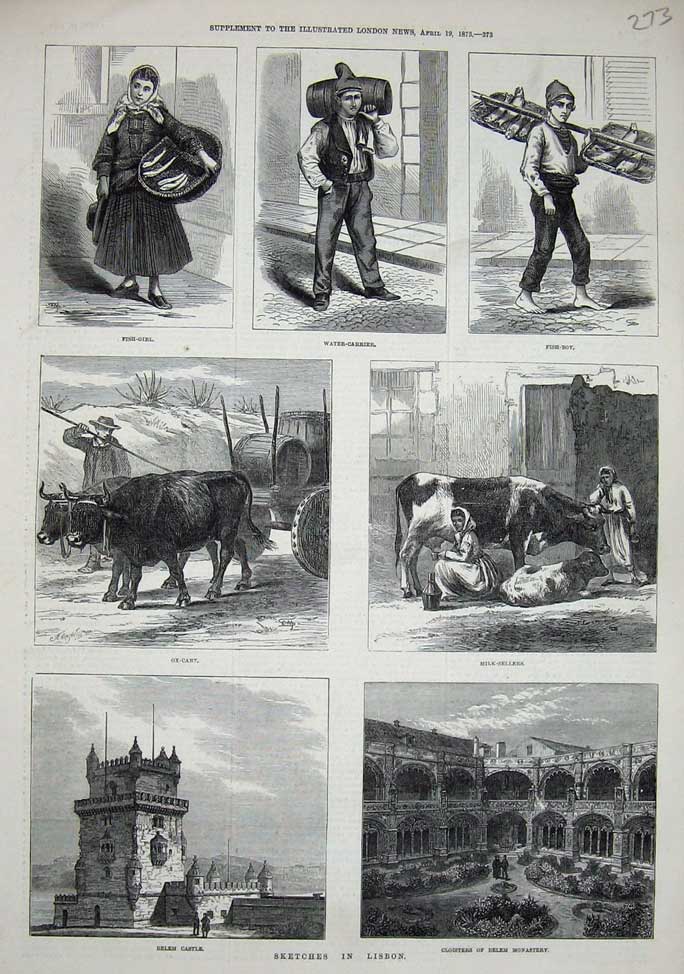 Original Old Antique Print 1873 Lisbon Portugal Monastery Belem Castle Ox-Cart