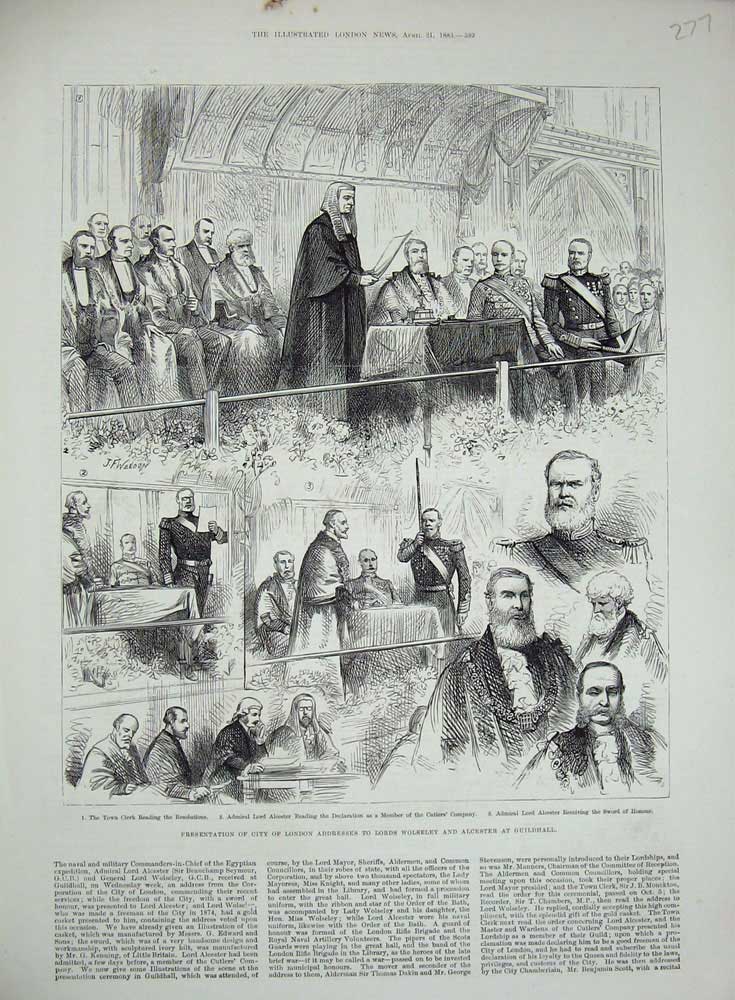 Old Antique Print 1883 Lord Wolseley Alcester Guildhall Town Clerk London 19th