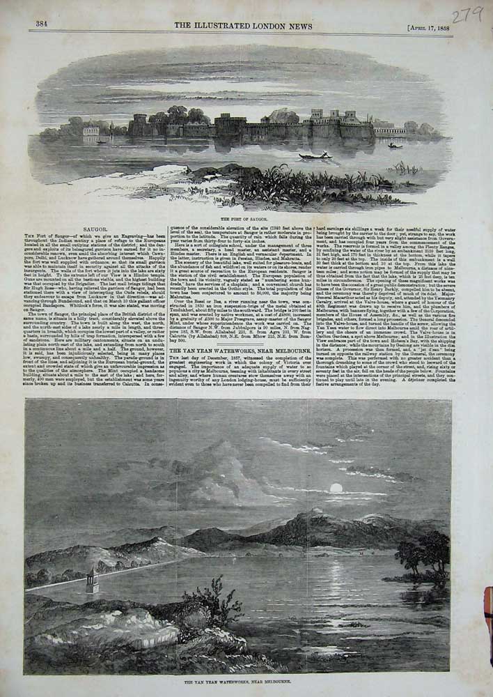 Original Old Antique Print 1858 Fort Saugor Yan Yean Waterworks Melbourne Art