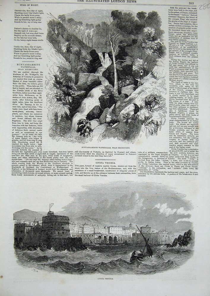 Old Antique Print 1858 Civita Vecchia Bunyarrambite Waterfalls Melbourne 19th