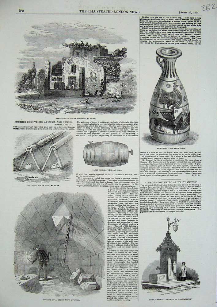 Original Old Antique Print 1854 Roman Building Cuma Phoenician Vase Greek Tomb