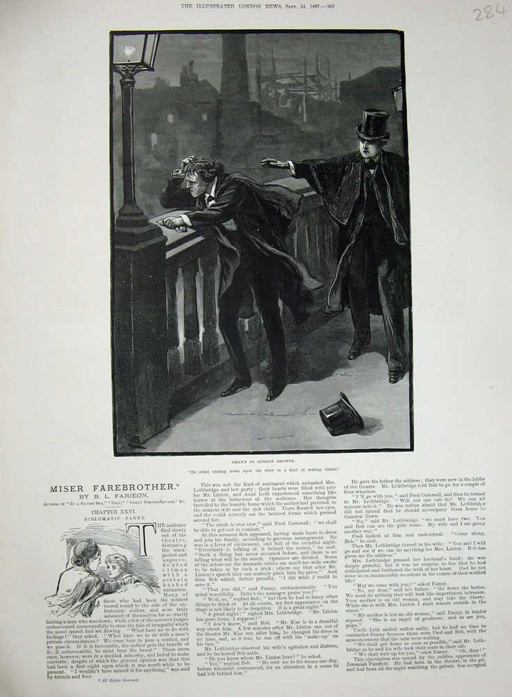 Original Old Antique Print 1887 Miser Farebrother Gordon Browne Men Bridge Wind