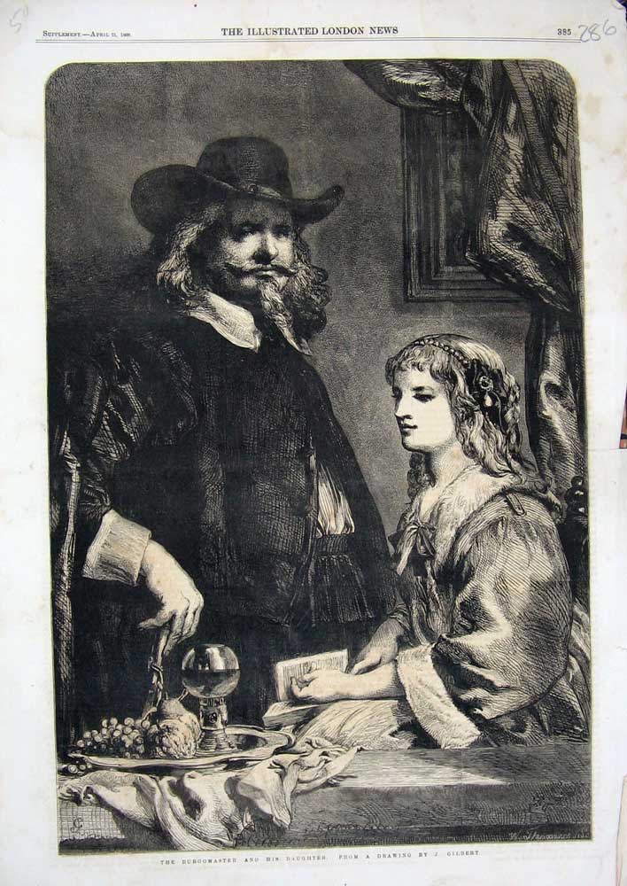 Original Old Antique Print 1860 Fine Art Burgomaster Daughter Gilbert Victorian