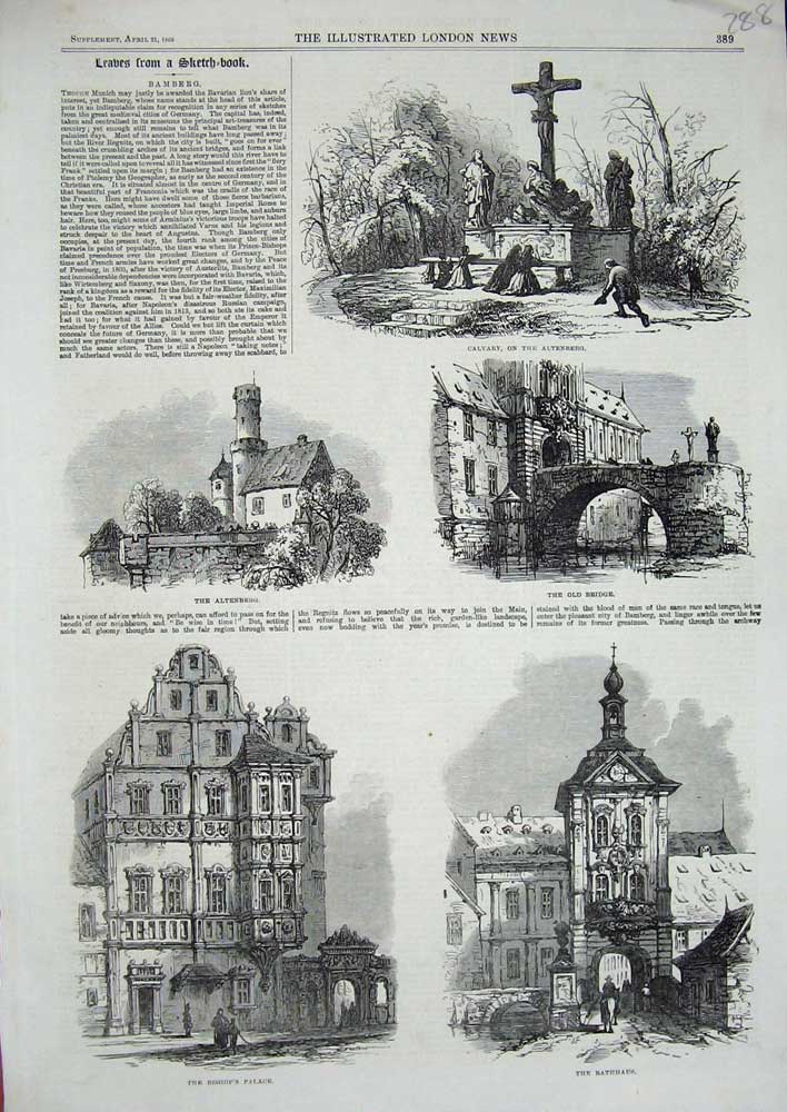 Original Old Antique Print 1866 Bamberg Altenberg Bridge Rathhaus Bishop Palace
