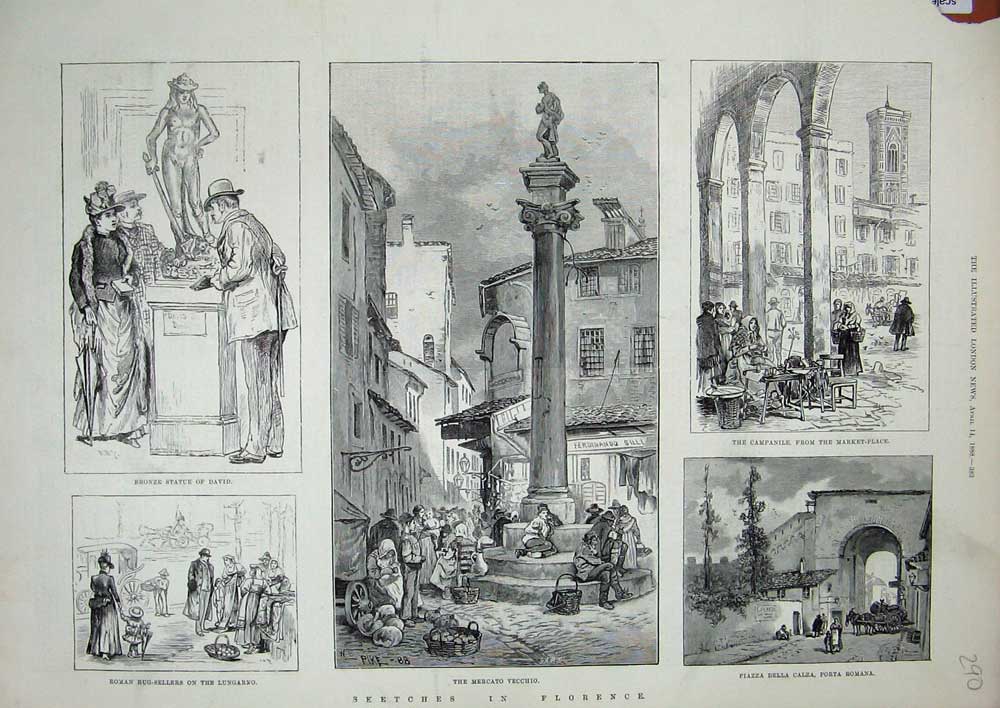 Original Old Antique Print 1888 Florence Mercato Vecchio Piazza Romana Statue