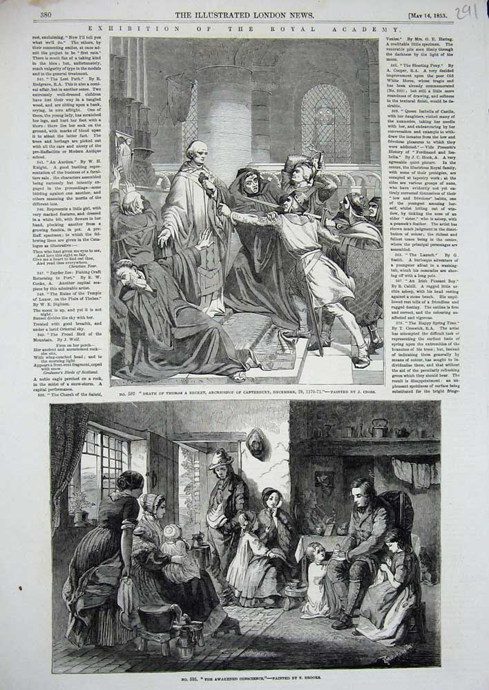 Old Antique Print 1853 Death Thomas Becket Archbishop Canterbury Brooks 19th