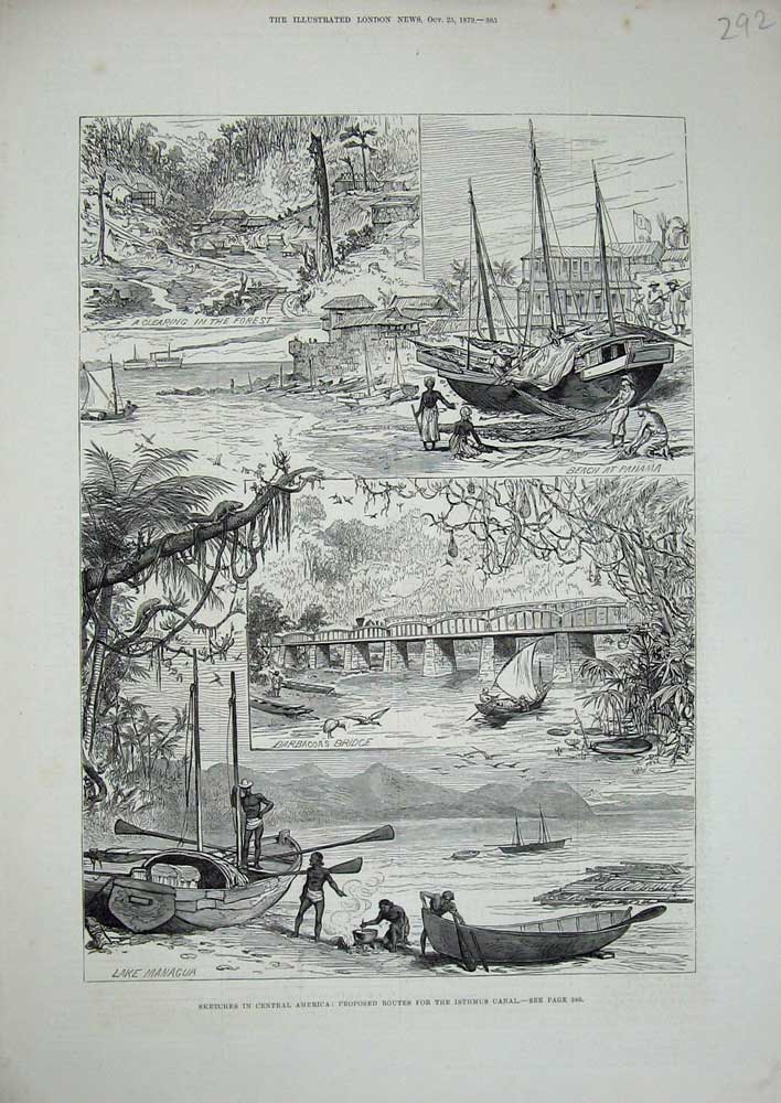 Old Antique Print 1879 America Isthmus Canal Lake Managua Barbacoas Beach 19th