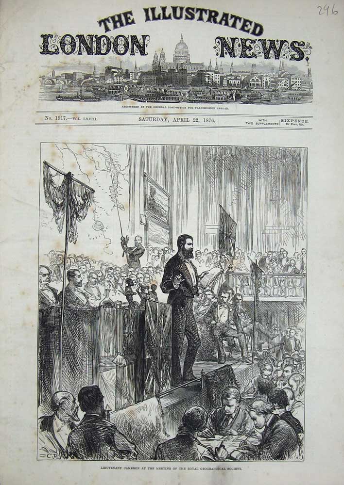 Original Old Antique Print 1876 Lieutenant Cameron Royal Geographical Society