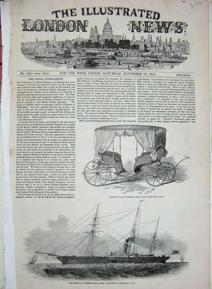 Old Antique Print 1850 Emperor Russia Steam Ship Peterhoff Carriage Pasha 19th