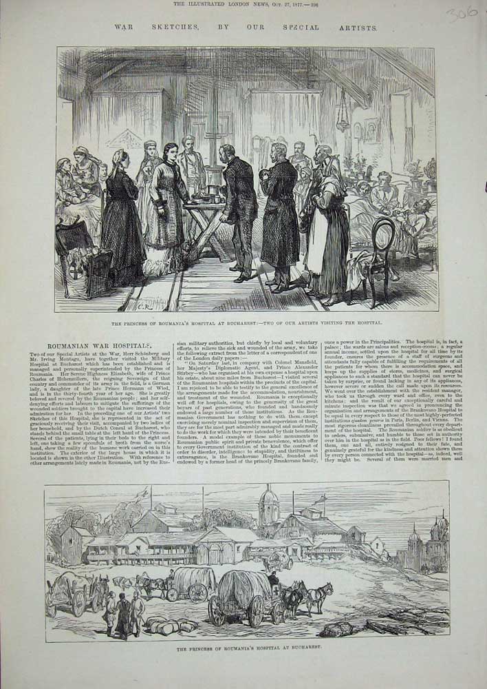 Old Antique Print 1877 Princess Roumania Hospital Bucharest Nurses Wards 19th