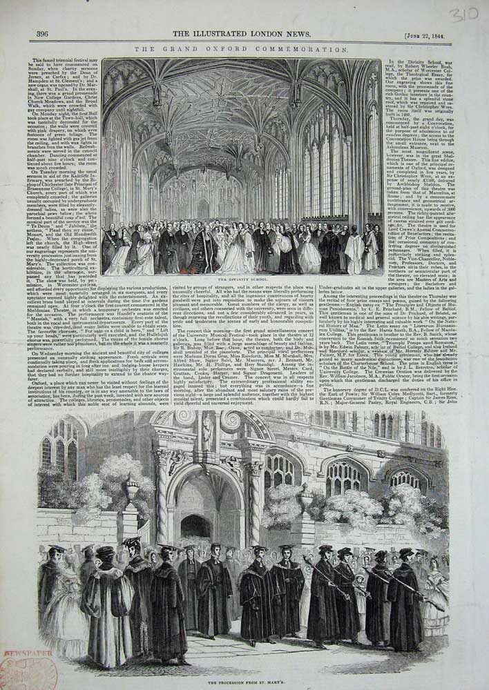 Original Old Antique Print Oxford Commemoration 1844 Divinity School St Mary'S