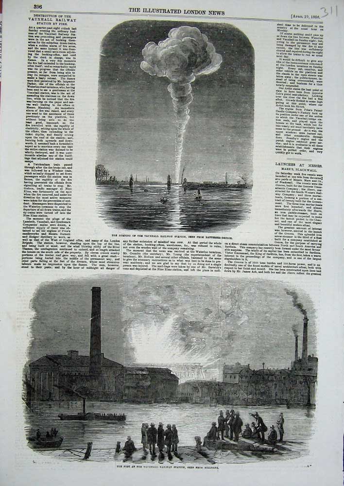 Old Antique Print 1856 Fire Vauxhall Railway Station Millbank Battersea 19th
