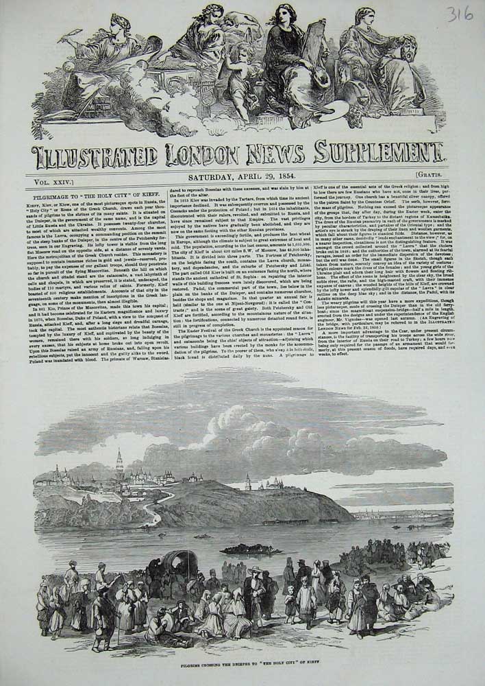 Old Antique Print 1854 Pilgrims Crossing Dnieper Holy City Keiff People 19th