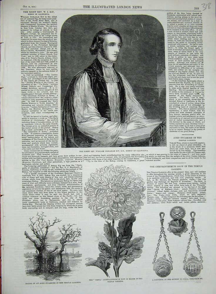 Old Antique Print 1858 Rev. William Ingraham Bishop Temple Gardens Flower 19th