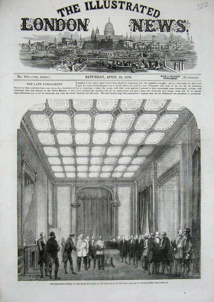 Original Old Antique Print 1859 Speaker'S Levee Palace Westminster Morning Room
