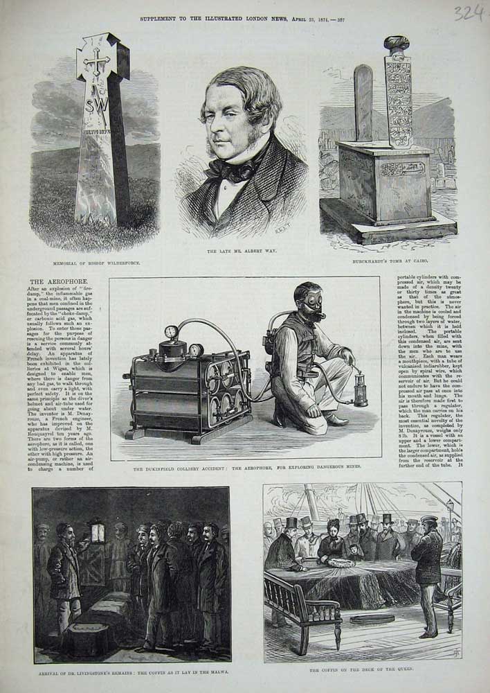 Old Antique Print 1874 Albert Way Wilberforce Tomb Dukinfield Livingstone 19th