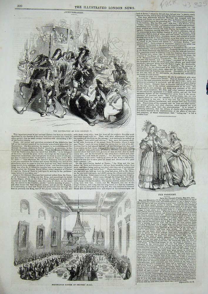 Original Old Antique Print Restoration King Charles Dinner Grocers Hall Fashion