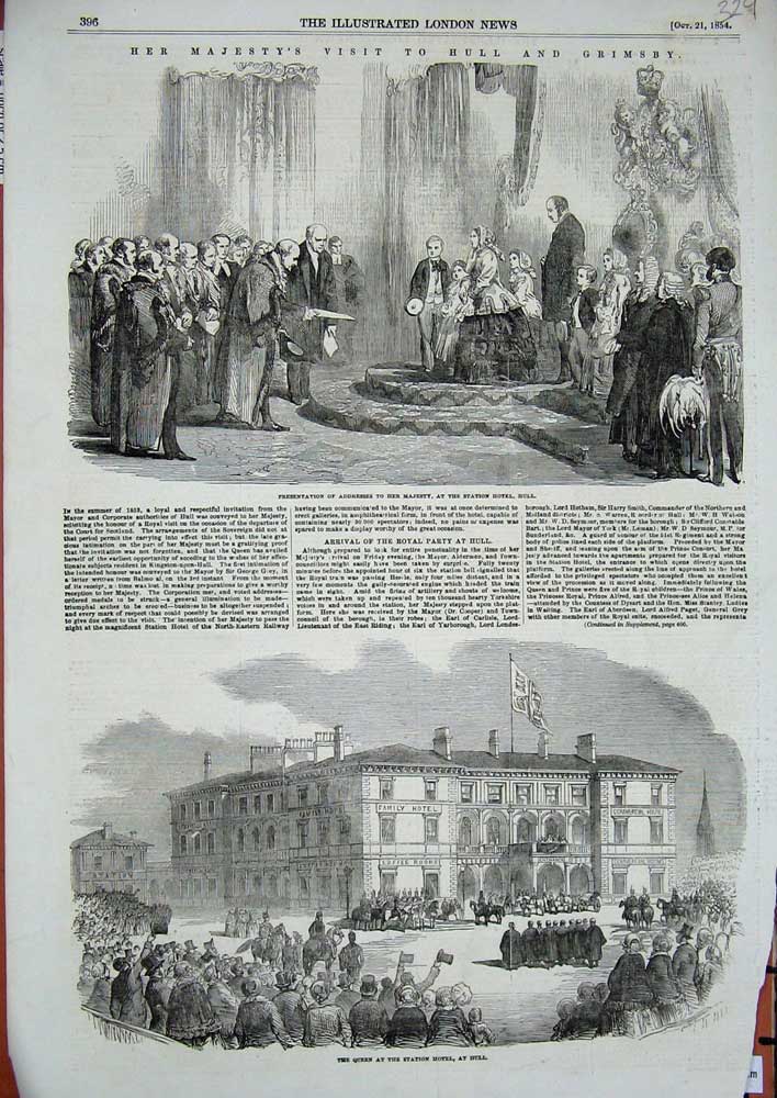Original Old Antique Print 1854 Queen Hull Grimbsy Station Hotel Presentation