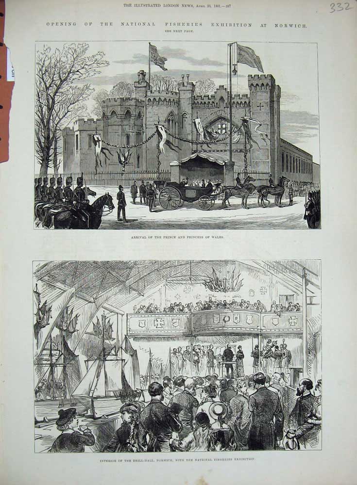 Old Antique Print 1881 Prince Wales National Fisheries Exhibition Norwich 19th