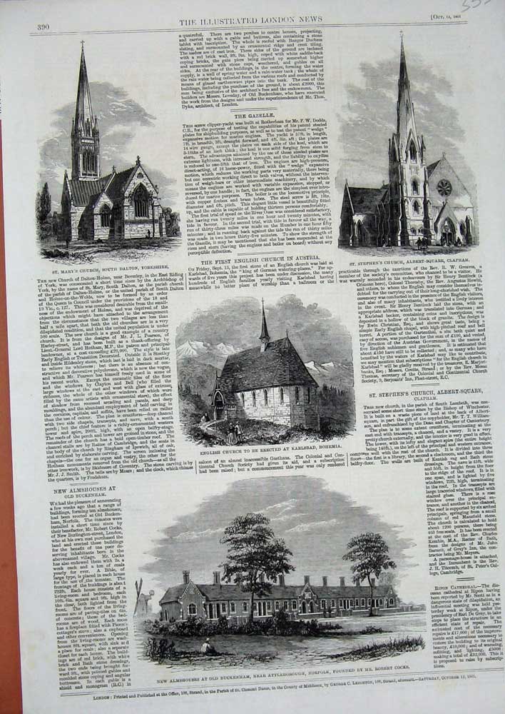 Old Antique Print 1861 Almshouses Buckenham Church Bohemia Dalton Clapham 19th