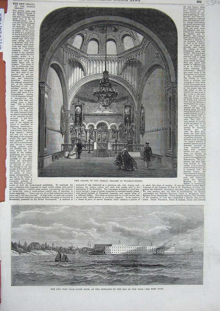 Original Old Antique Print 1865 Chapel Russian Embassy Welbeck Fort Sandy Hook