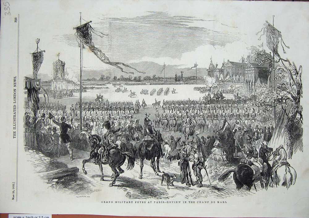 Old Antique Print 1852 Grand Military Fetes Paris Champs De Mars France 19th