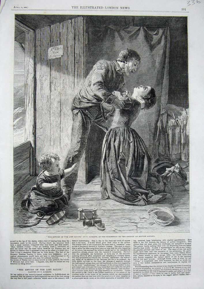 Old Antique Print 1862 Return Lost Sailor Man Woman Fainting Roberts Art 19th