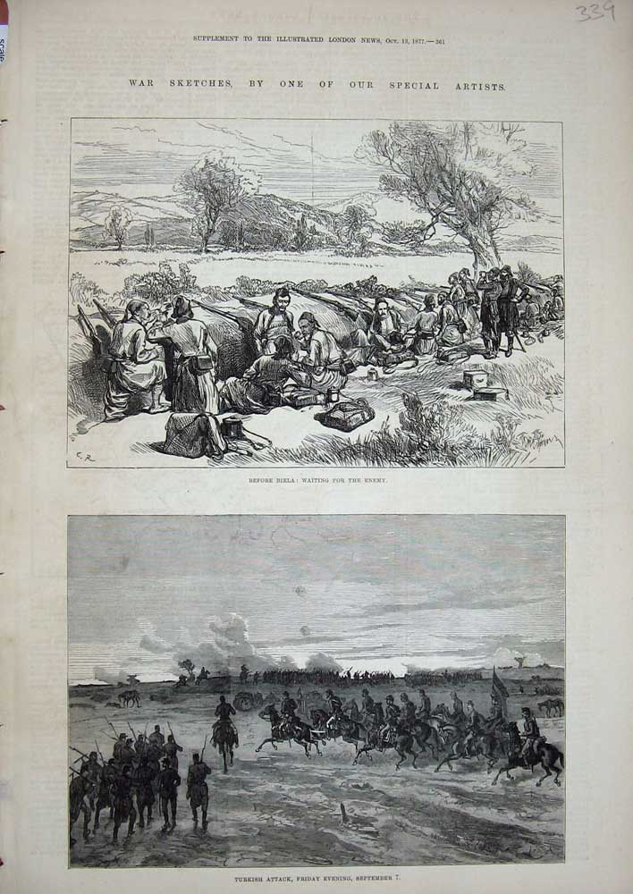 Original Old Antique Print Turkish Attack War 1887 Biela Siers Trench Horses