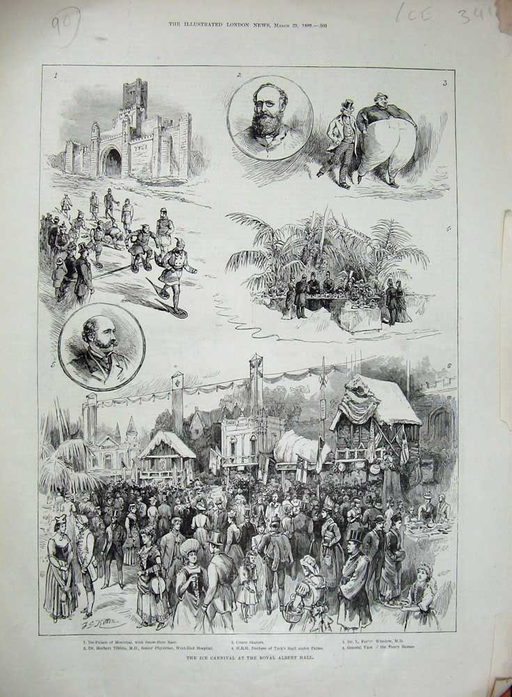 Original Old Antique Print 1889 Ice Carnival Royal Albert Duchess Teck Tibbits