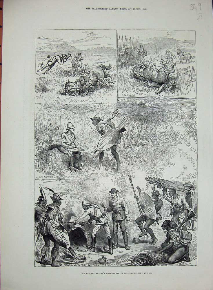 Original Old Antique Print 1879 Zululand Horse Siers Warriors Shields Victorian