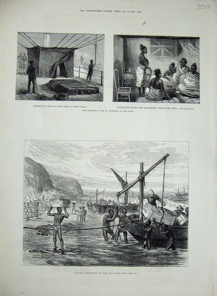 Old Antique Print Port Durnford 1879 Cetewayo Tent Natal Ship Cape Town 19th