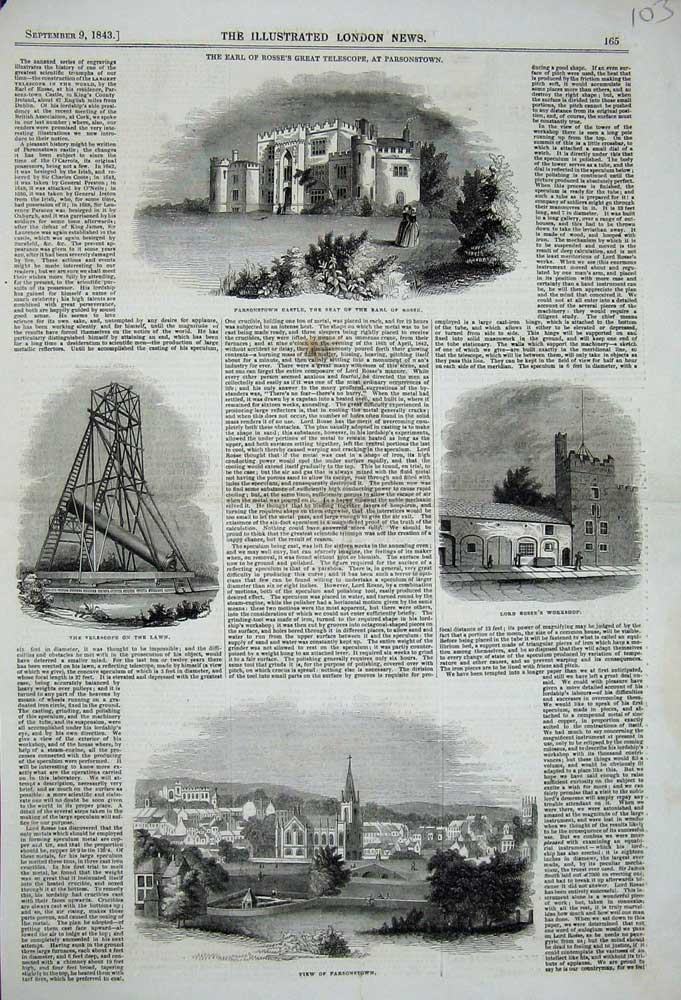 Old Antique Print 1843 Parsonstown Castle Earl Rosse Telescope Workshop 19th