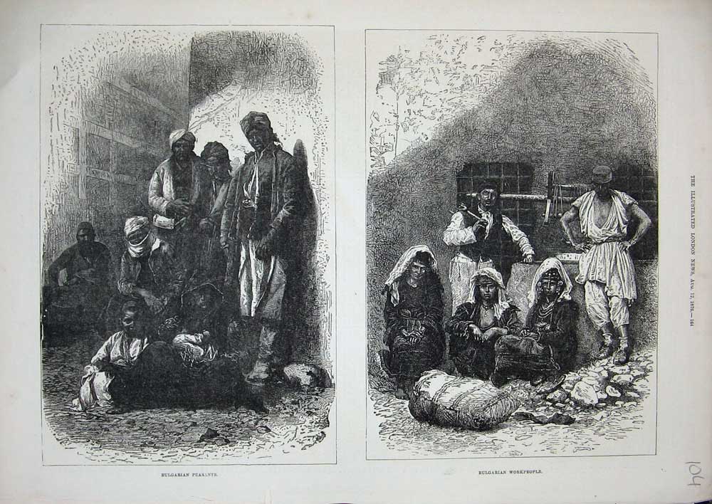 Original Old Antique Print 1876 Sketch Bulgarian Peasants Workpeople Victorian