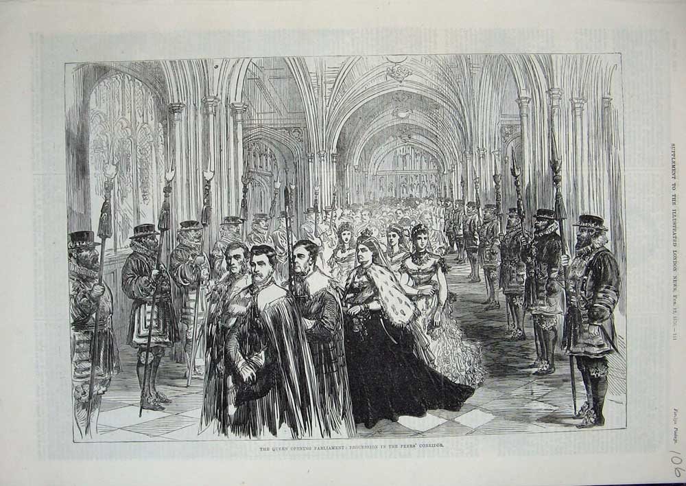 Original Old Antique Print 1876 Queen Parliament Procession Peers Corridor 19th
