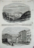 Original Old Antique Print 1856 View Spa Duke Duchess Barbant Town Houses Trees