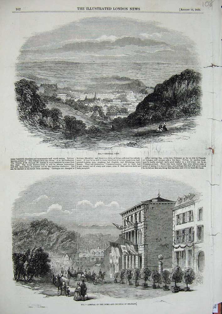 Original Old Antique Print 1856 View Spa Duke Duchess Barbant Town Houses Trees