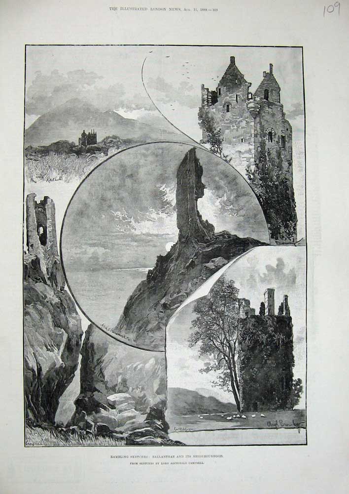 Old Antique Print 1888 Ballantrae Scotland Ruins Tower Archibald Campbell 19th
