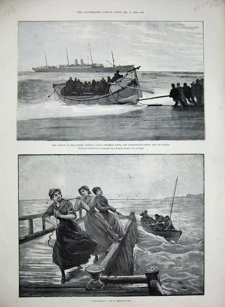 Old Antique Print Fishing Boat 1892 Ship Wreck German Steamer Eider Wight 19th