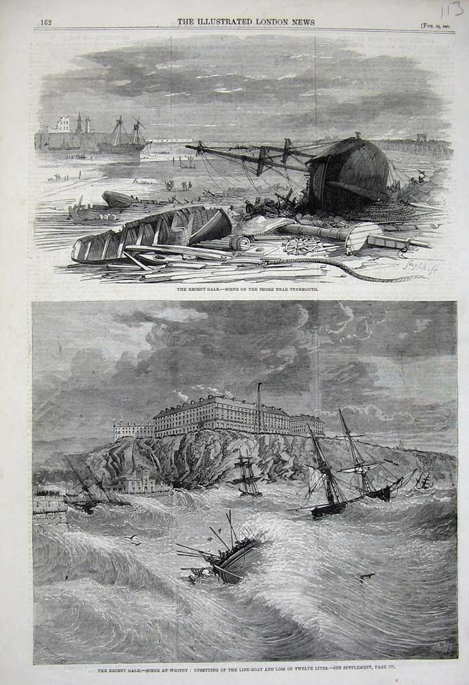 Old Antique Print 1861 Stormy Sea Gale Tynemouth Whitby Life-Boat Ships 19th