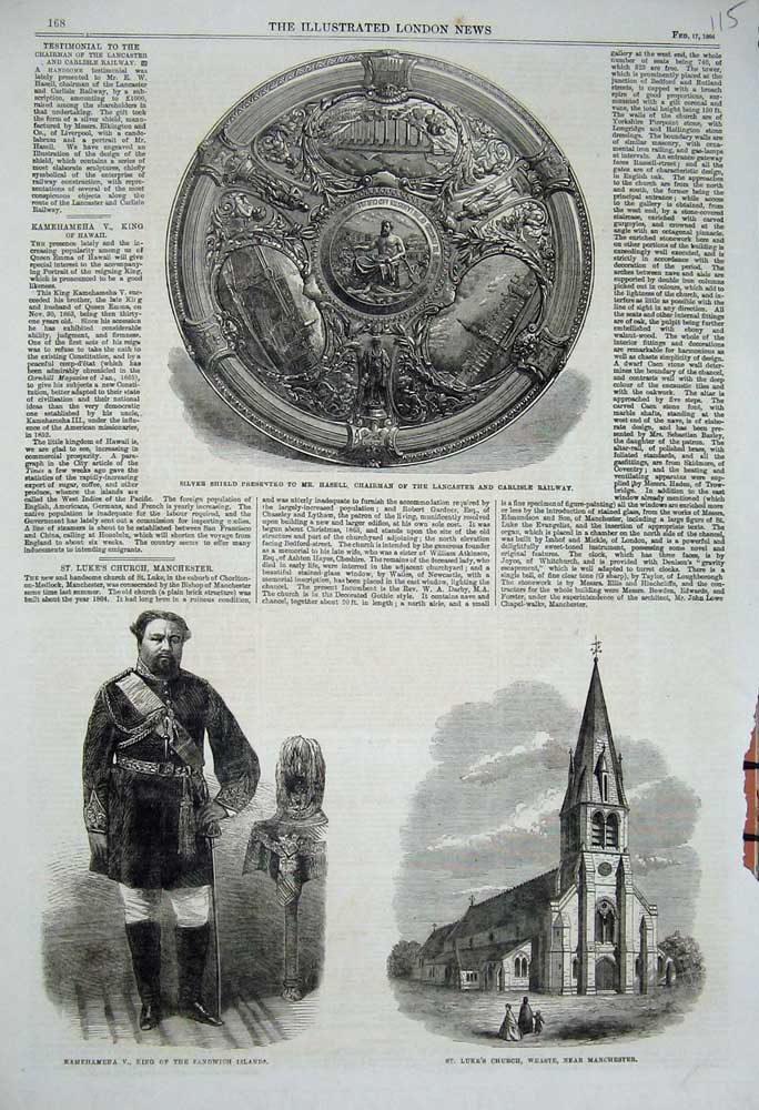 Old Antique Print 1866Kamehameha Sandwich Church Manchester Shield Hasell 19th