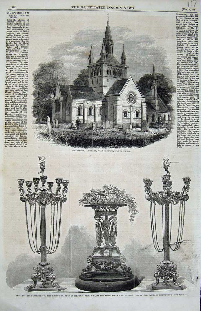 Old Antique Print 1862 Whippingham Church Isle Wight Testimonials Gibson 19th