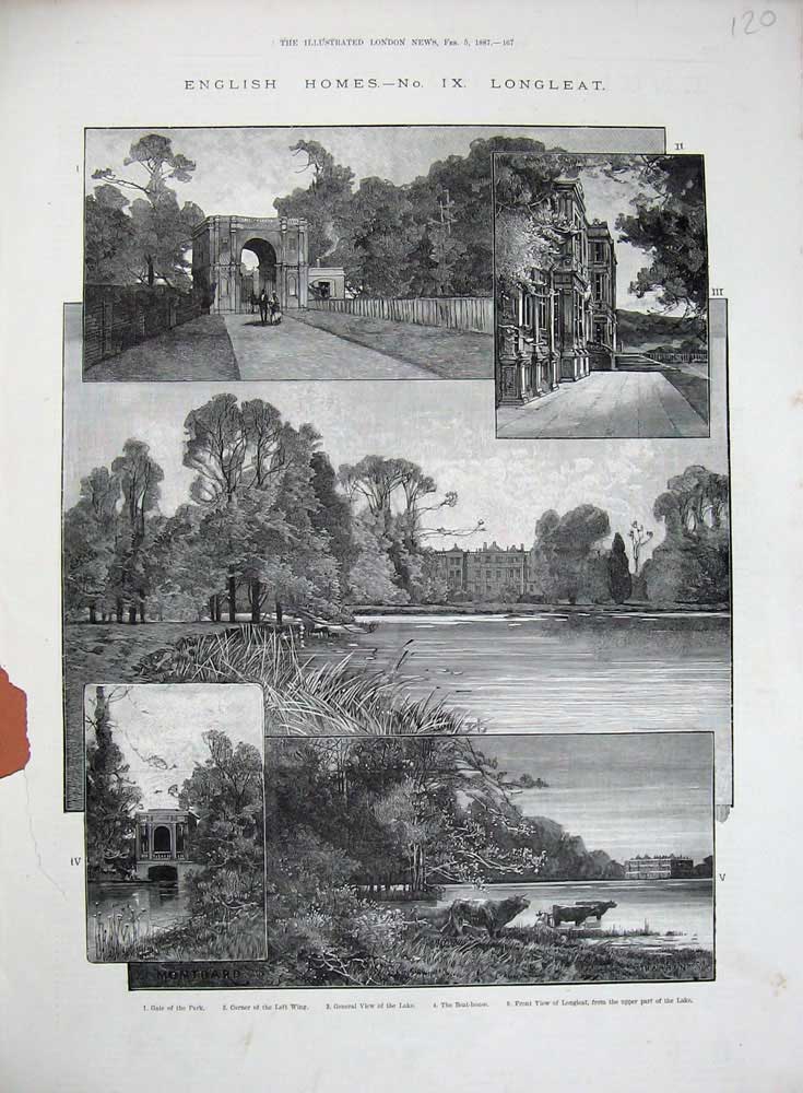 Original Old Antique Print 1887 English Homes Longleat Park Lake Boat-House
