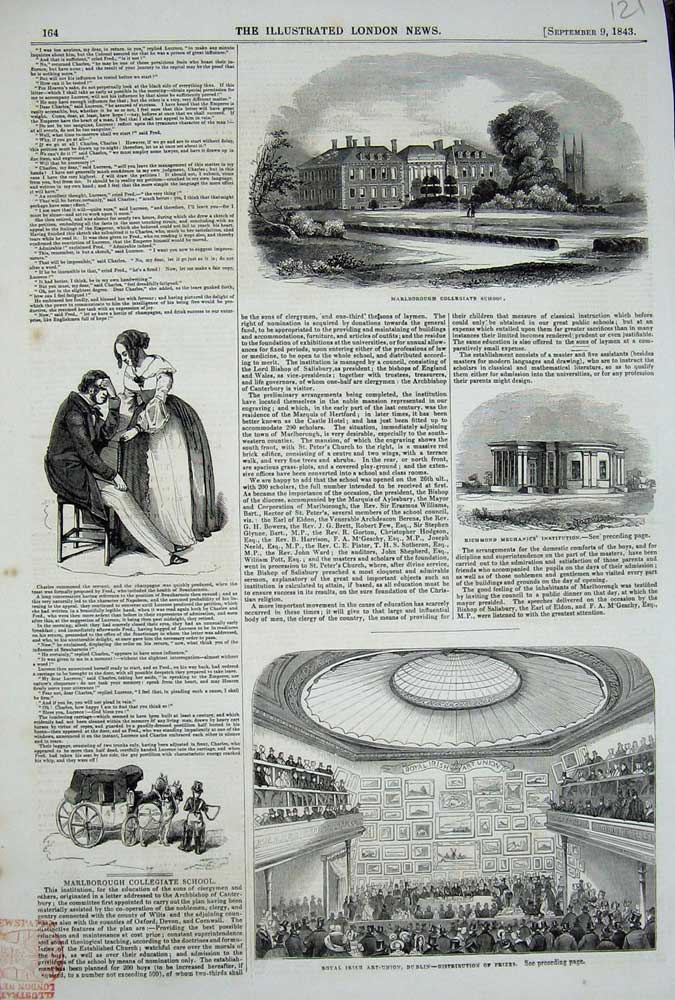 Original Old Antique Print 1843 Marlborough Collegiate School Dublin Art-Union