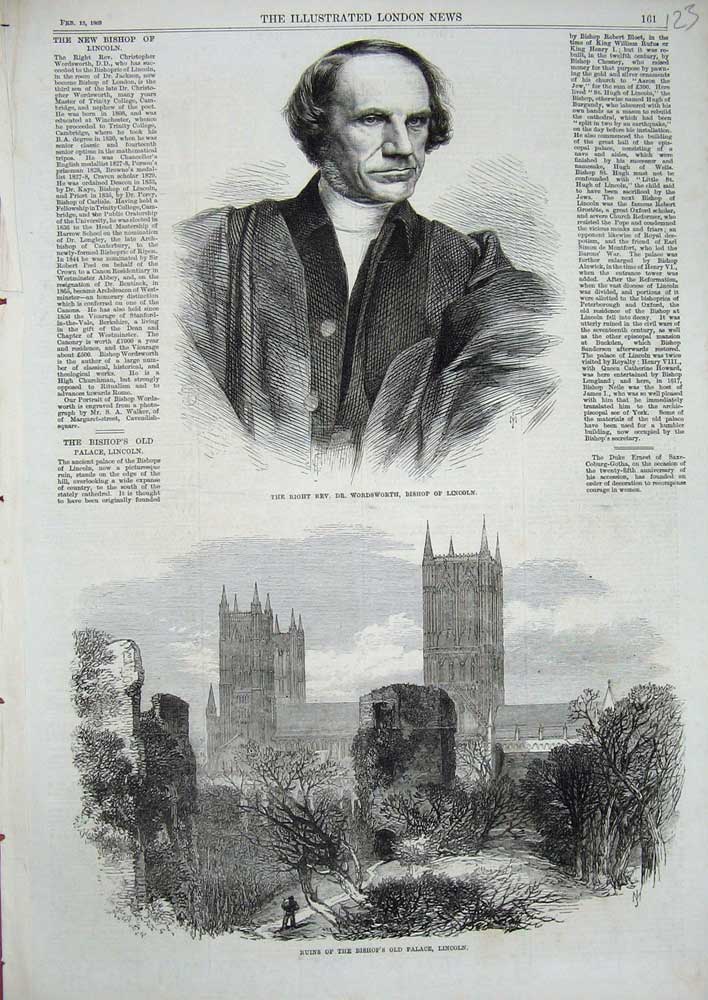 Old Antique Print Dr Wordsworth Bishop London 1869 Palace Lincoln Ruins 19th