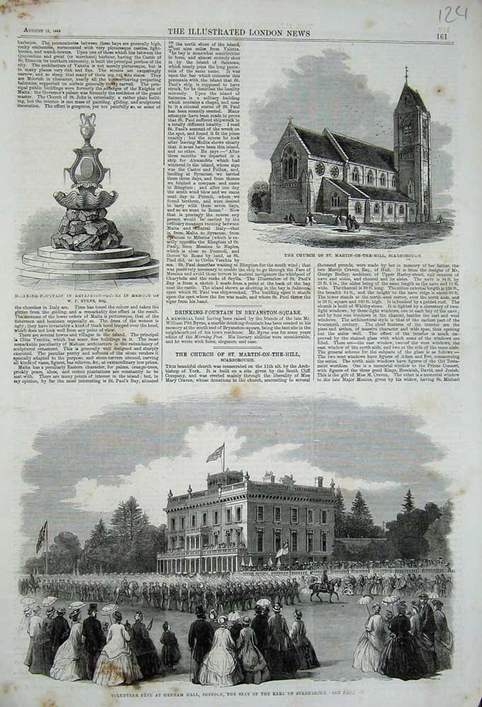 Old Antique Print 1863 Henham Suffolk Earl Stradbroke Church Scarborough 19th