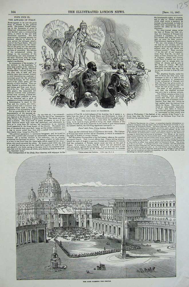 Original Old Antique Print 1847 Pope Blessing People Vatican Rome Procession