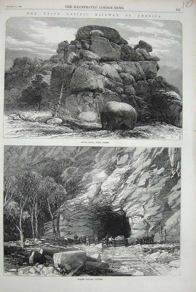 Original Old Antique Print 1869 Pacific Railway America Skull Rock Dale Weber